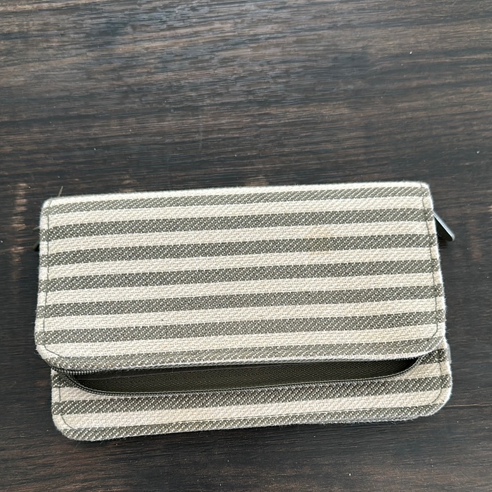 Thirty—One Striped Wallet in Gray-Green and Cream.